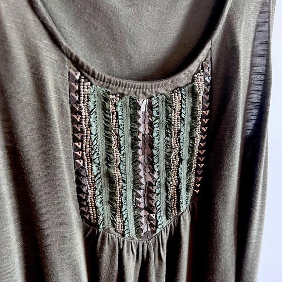 Olive green tank with gold beading, small. - Picture 2 of 3